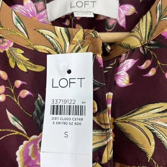 Loft Top Size Small Rust Mix Floral Print Long Sleeve Henley Top Puff Sleeve - Picture 5 of 10